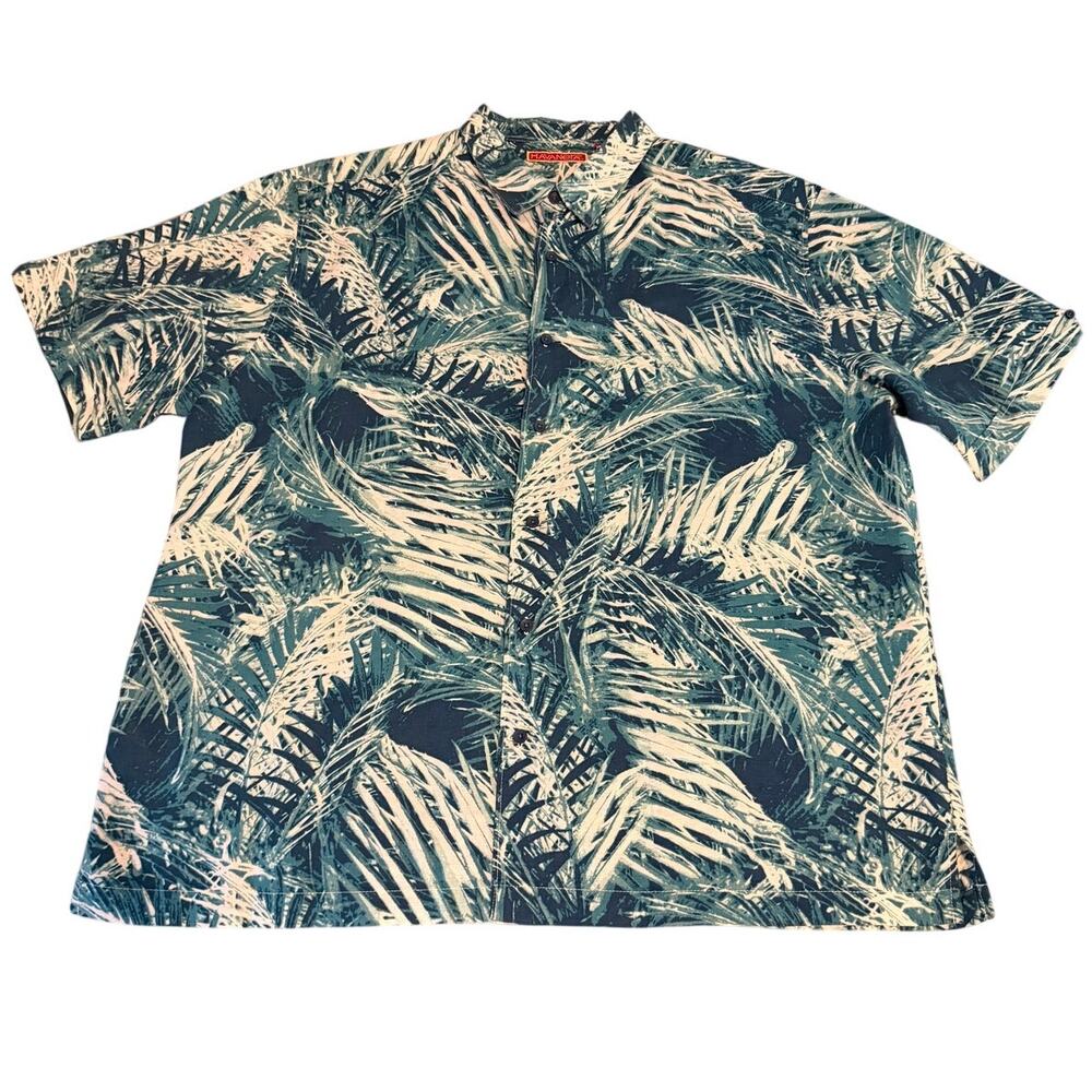 Havanera Men’s XXL Tropical Palm Leaf Hawaiian Shirt Teal Blue Button Up